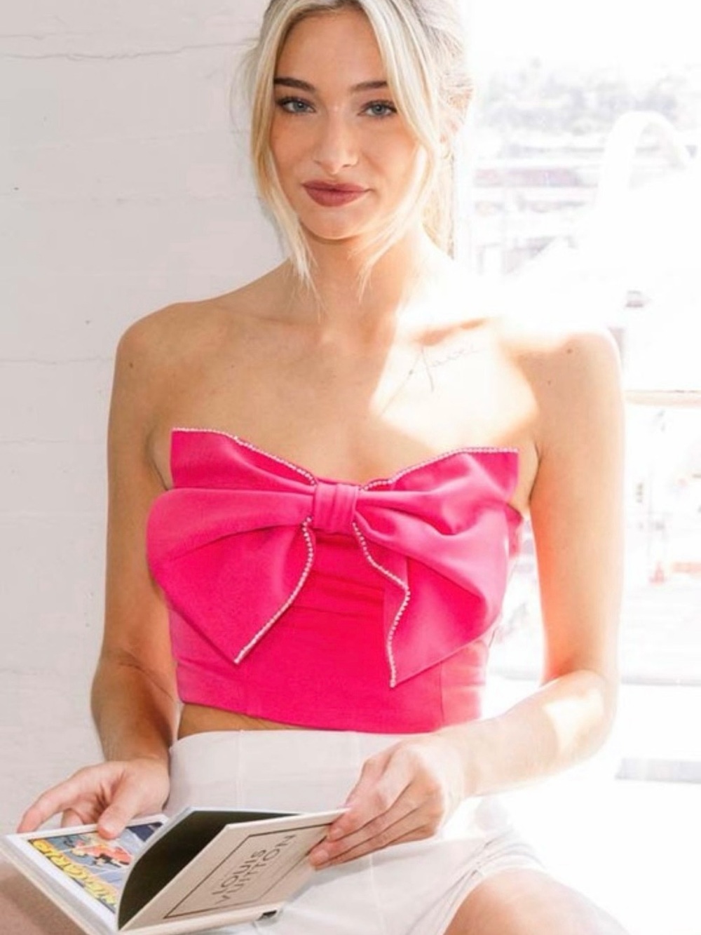 Strapless Pink Bow Crop Top - Women